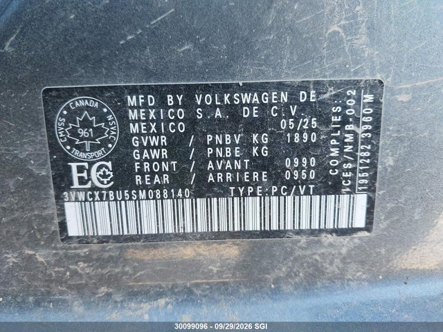 30099096 :رقم المزاد ، 3VWCX7BU5SM088140 vin ، 2025 Volkswagen Jetta Trendline مزاد بيع