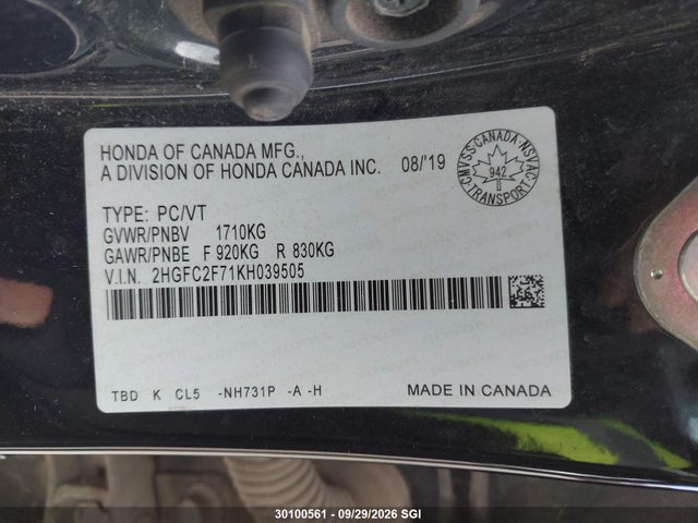 Aukcja sprzedaży 2019 Honda Civic Ex, vin: 2HGFC2F71KH039505, numer aukcji: 30100561