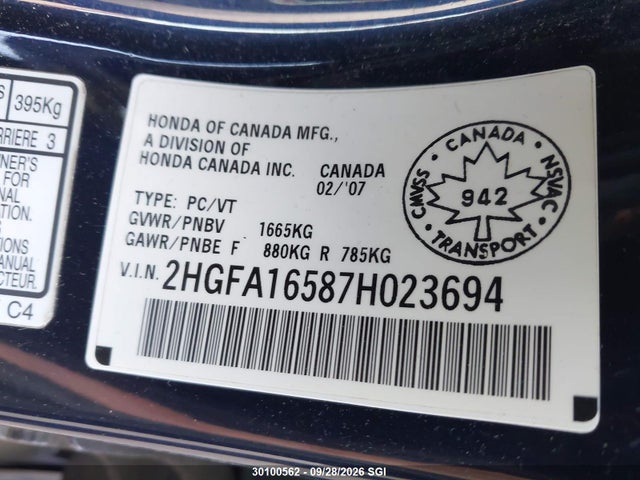 2007 Honda Civic Lx მანქანა იყიდება აუქციონზე, vin: 2HGFA16587H023694, აუქციონის ნომერი: 30100562