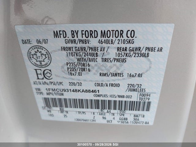 2008 Ford Escape Xlt მანქანა იყიდება აუქციონზე, vin: 1FMCU93148KA88461, აუქციონის ნომერი: 30100570