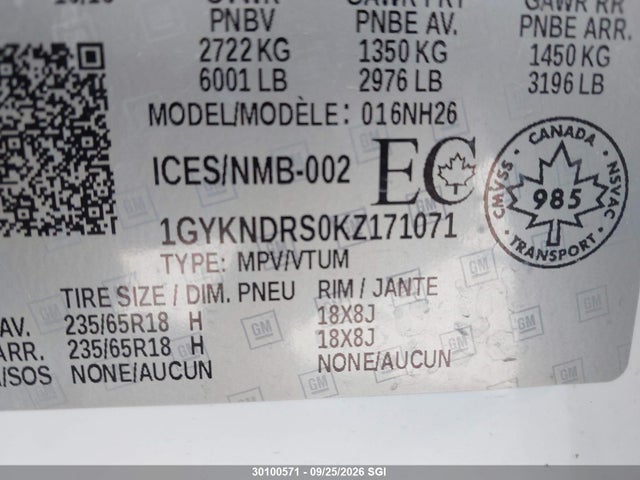 Продаж на аукціоні авто 2019 Cadillac Xt5 Luxury, vin: 1GYKNDRS0KZ171071, номер лоту: 30100571