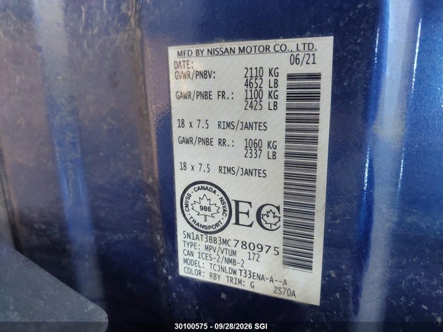 2021 Nissan Rogue Sv მანქანა იყიდება აუქციონზე, vin: 5N1AT3BB3MC780975, აუქციონის ნომერი: 30100575
