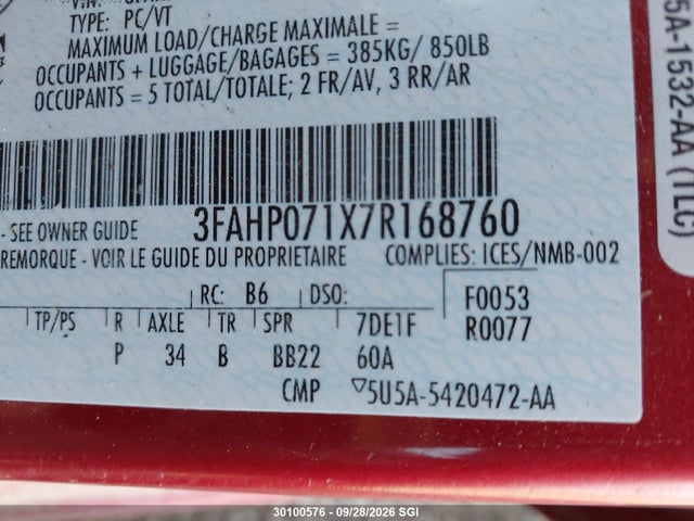 30100576 :رقم المزاد ، 3FAHP071X7R168760 vin ، 2007 Ford Fusion Se مزاد بيع