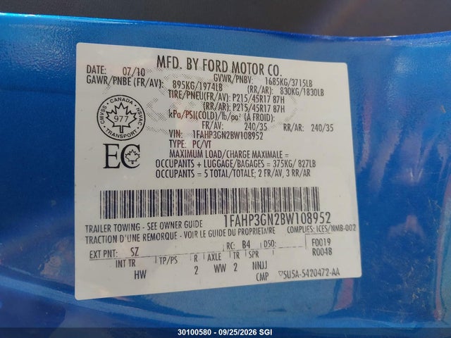 Продаж на аукціоні авто 2011 Ford Focus Ses, vin: 1FAHP3GN2BW108952, номер лоту: 30100580