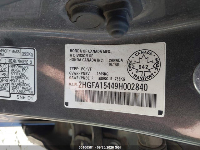 Aukcja sprzedaży 2009 Honda Civic Dx-g, vin: 2HGFA15449H002840, numer aukcji: 30100581