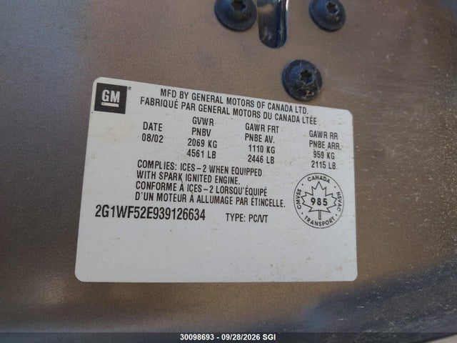 2003 Chevrolet Impala მანქანა იყიდება აუქციონზე, vin: 2G1WF52E939126634, აუქციონის ნომერი: 30098693