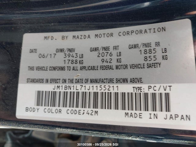 Aukcja sprzedaży 2018 Mazda 3 Touring, vin: JM1BN1L71J1155211, numer aukcji: 30100586