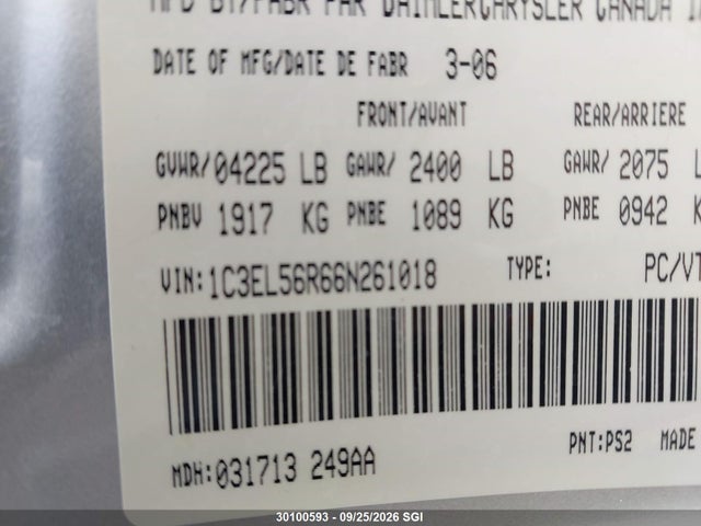 2006 Chrysler Sebring Touring მანქანა იყიდება აუქციონზე, vin: 1C3EL56R66N261018, აუქციონის ნომერი: 30100593