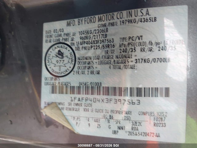 2003 Ford Mustang მანქანა იყიდება აუქციონზე, vin: 1FAFP404X3F397563, აუქციონის ნომერი: 30098687