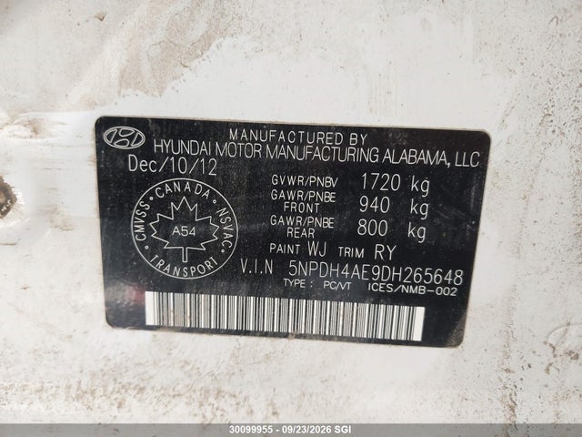 2013 Hyundai Elantra Gls/limited მანქანა იყიდება აუქციონზე, vin: 5NPDH4AE9DH265648, აუქციონის ნომერი: 30099955