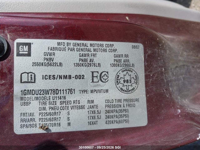 Продажа на аукционе авто 2008 Pontiac Montana Sv6, vin: 1GMDU23W78D111761, номер лота: 30100607