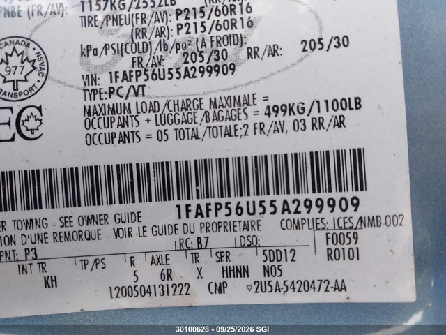 Продаж на аукціоні авто 2005 Ford Taurus Sel, vin: 1FAFP56U55A299909, номер лоту: 30100628