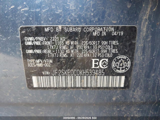 Продаж на аукціоні авто 2019 Subaru Forester Premium, vin: JF2SKEDC0KH539485, номер лоту: 30094996