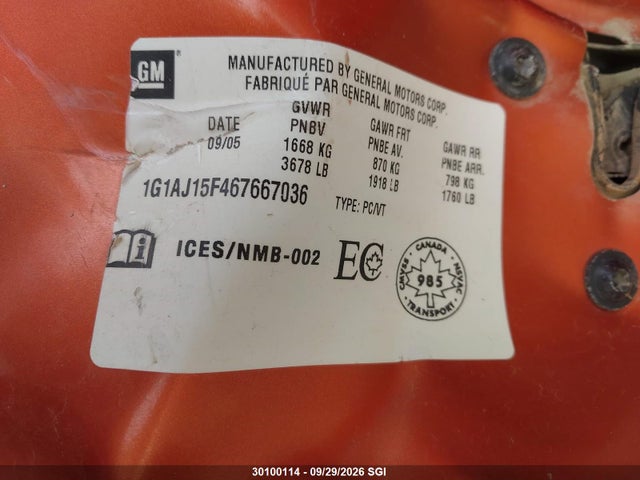 2006 Chevrolet Cobalt Ls მანქანა იყიდება აუქციონზე, vin: 1G1AJ15F467667036, აუქციონის ნომერი: 30100114