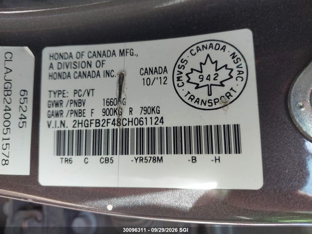 Продажа на аукционе авто 2012 Honda Civic Lx, vin: 2HGFB2F48CH061124, номер лота: 30096311