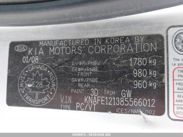 2008 Kia Spectra Ex/lx/sx მანქანა იყიდება აუქციონზე, vin: KNAFE121385566012, აუქციონის ნომერი: 30098974