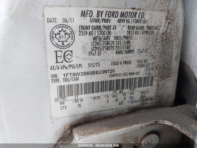 2011 Ford F350 Super Duty მანქანა იყიდება აუქციონზე, vin: 1FT8W3B60BEC99726, აუქციონის ნომერი: 30096038