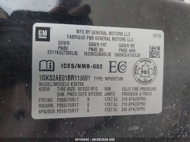 30100650 :رقم المزاد ، 1GKS2AE01BR113881 vin ، 2011 Gmc Yukon Sle مزاد بيع
