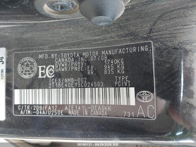 2009 Toyota Corolla Xrs მანქანა იყიდება აუქციონზე, vin: 2T1BE40E19C024503, აუქციონის ნომერი: 30100131