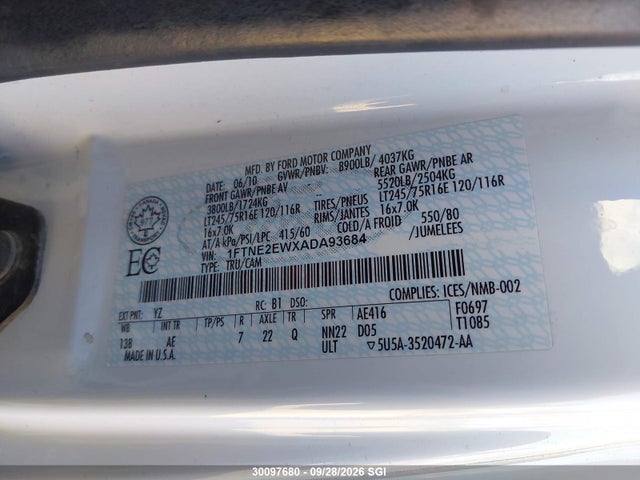 Aukcja sprzedaży 2010 Ford Econoline E250 Van, vin: 1FTNE2EWXADA93684, numer aukcji: 30097680