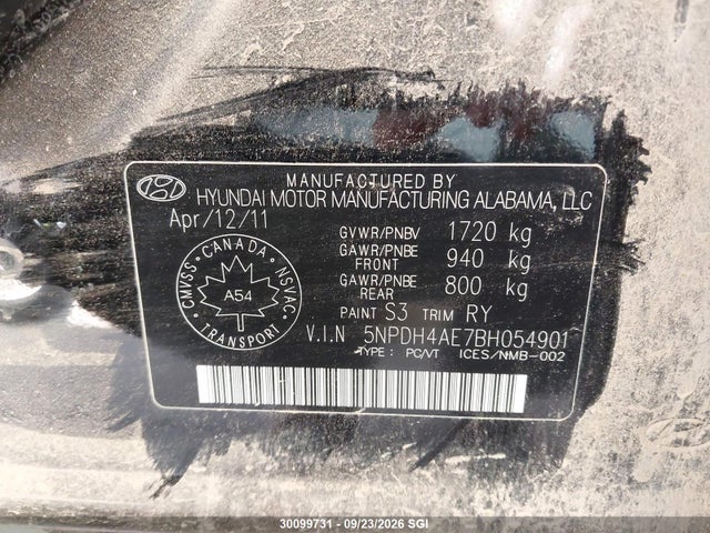 2011 Hyundai Elantra Gls/limited მანქანა იყიდება აუქციონზე, vin: 5NPDH4AE7BH054901, აუქციონის ნომერი: 30099731