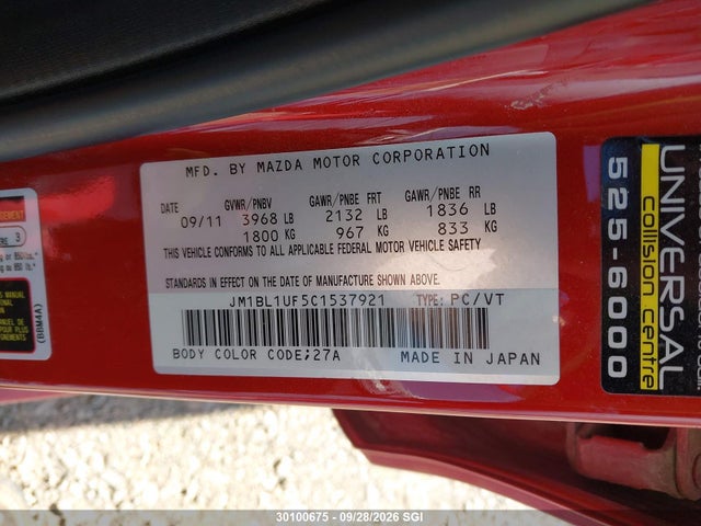 Aukcja sprzedaży 2012 Mazda 3 I, vin: JM1BL1UF5C1537921, numer aukcji: 30100675