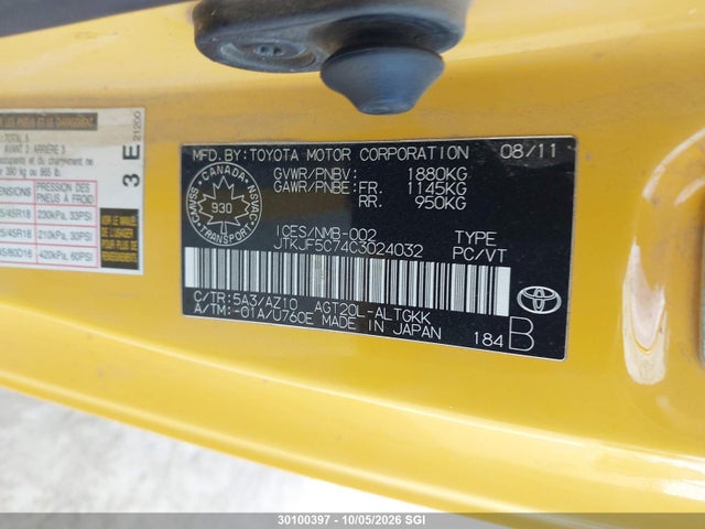 Aukcja sprzedaży 2012 Toyota Scion Tc, vin: JTKJF5C74C3024032, numer aukcji: 30100397