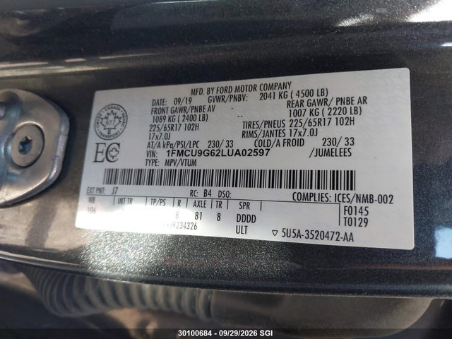 Aukcja sprzedaży 2020 Ford Escape Se, vin: 1FMCU9G62LUA02597, numer aukcji: 30100684