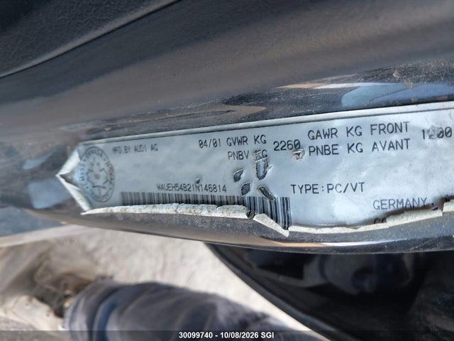 30099740 :رقم المزاد ، WAUEH54B21N146814 vin ، 2001 Audi A6 مزاد بيع