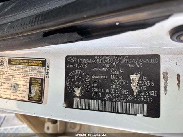 30100704 :رقم المزاد ، 5NMSG73E38H226355 vin ، 2008 Hyundai Santa Fe Gl مزاد بيع