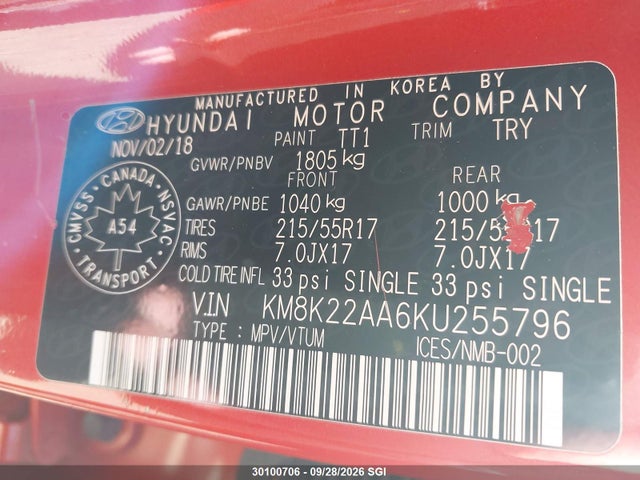 30100706 :رقم المزاد ، KM8K22AA6KU255796 vin ، 2019 Hyundai Kona Sel مزاد بيع