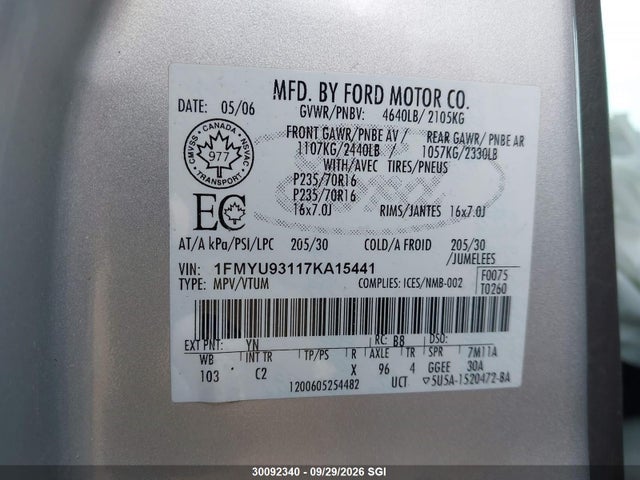 30092340 :رقم المزاد ، 1FMYU93117KA15441 vin ، 2007 Ford Escape Xlt مزاد بيع