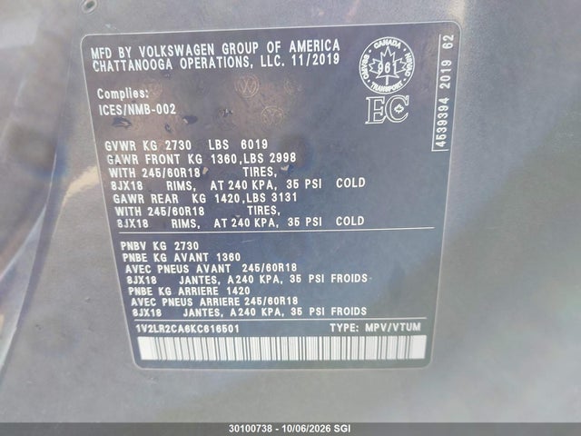 30100738 :رقم المزاد ، 1V2LR2CA6KC616501 vin ، 2019 Volkswagen Atlas Se مزاد بيع