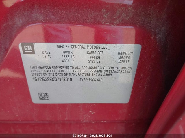 Aukcja sprzedaży 2011 Chevrolet Cruze Lt, vin: 1G1PG5S9XB7102010, numer aukcji: 30100739