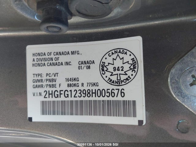 Продажа на аукционе авто 2008 Honda Civic Dx-g, vin: 2HGFG12398H005676, номер лота: 30091136