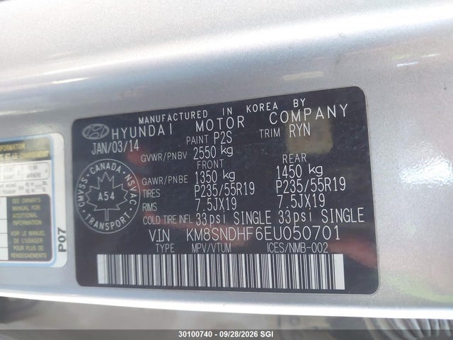 Продажа на аукционе авто 2014 Hyundai Santa Fe Gls, vin: KM8SNDHF6EU050701, номер лота: 30100740
