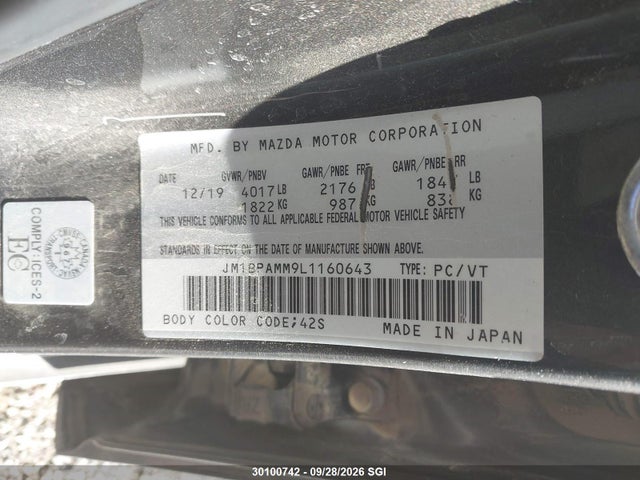 2020 Mazda 3 Preferred მანქანა იყიდება აუქციონზე, vin: JM1BPAMM9L1160643, აუქციონის ნომერი: 30100742