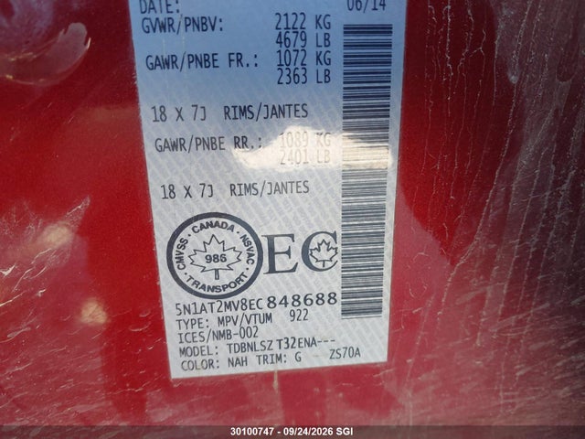 30100747 :رقم المزاد ، 5N1AT2MV8EC848688 vin ، 2014 Nissan Rogue S/sl/sv مزاد بيع