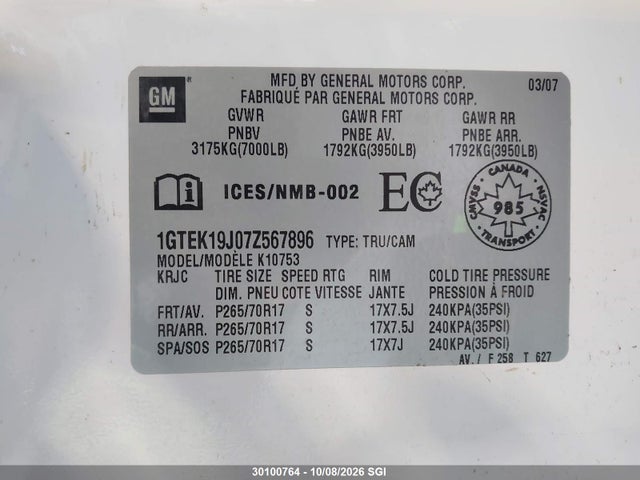Aukcja sprzedaży 2007 Gmc Sierra 1500 Sle/slt/wt, vin: 1GTEK19J07Z567896, numer aukcji: 30100764
