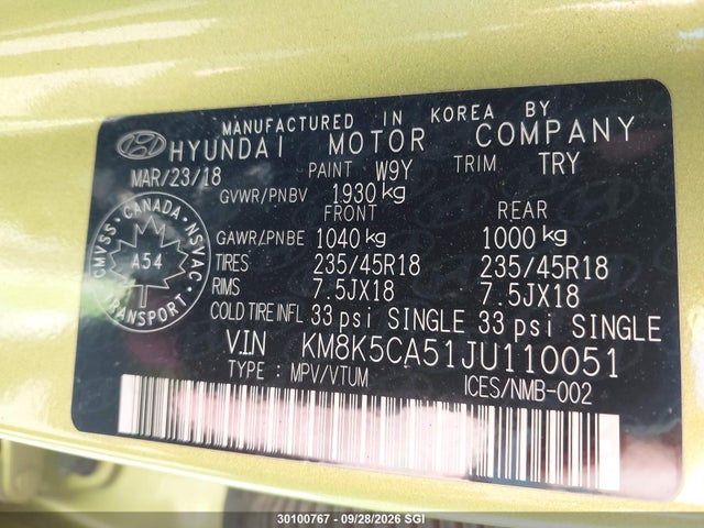 Продаж на аукціоні авто 2018 Hyundai Kona Ultimate, vin: KM8K5CA51JU110051, номер лоту: 30100767