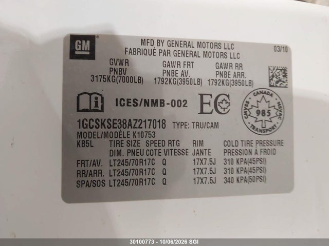 30100773 :رقم المزاد ، 1GCSKSE38AZ217018 vin ، 2010 Chevrolet Silverado K1500 Lt مزاد بيع