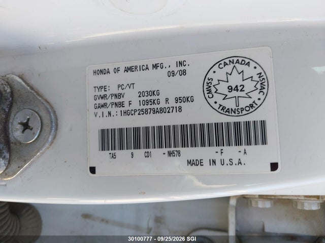 30100777 :رقم المزاد ، 1HGCP25879A802718 vin ، 2009 Honda Accord Exl مزاد بيع
