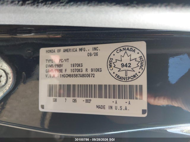 Aukcja sprzedaży 2007 Honda Accord Ex, vin: 1HGCM66587A800672, numer aukcji: 30100786