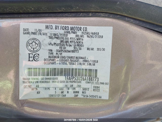 30100789 :رقم المزاد ، 1FAFP53U26A188773 vin ، 2006 Ford Taurus Se مزاد بيع