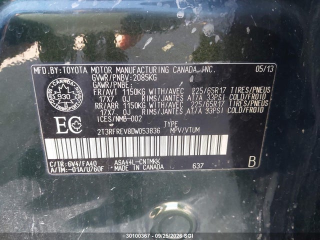 2013 Toyota Rav4 Xle მანქანა იყიდება აუქციონზე, vin: 2T3RFREV8DW053836, აუქციონის ნომერი: 30100367