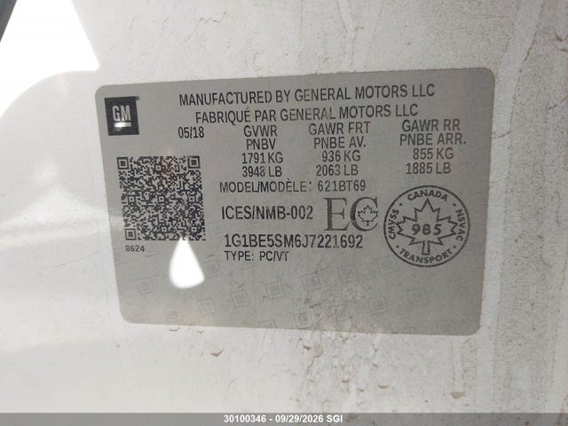 30100346 :رقم المزاد ، 1G1BE5SM6J7221692 vin ، 2018 Chevrolet Cruze Lt مزاد بيع