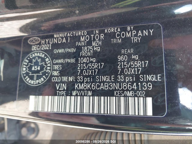 Aukcja sprzedaży 2022 Hyundai Kona Sel, vin: KM8K6CAB3NU864139, numer aukcji: 30098286