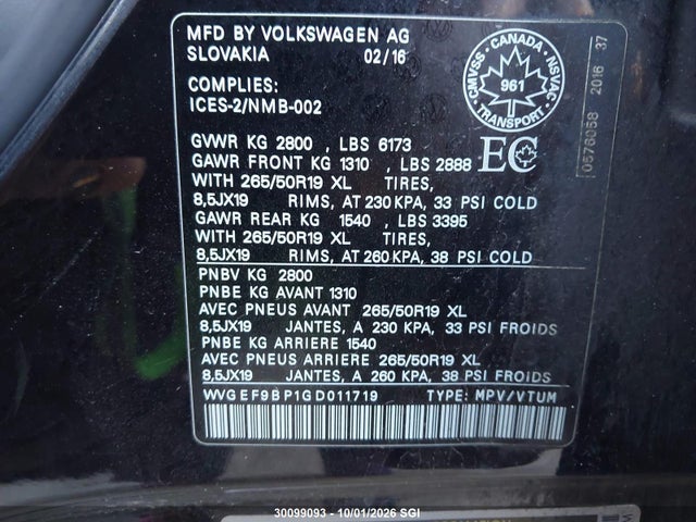 30099093 :رقم المزاد ، WVGEF9BP1GD011719 vin ، 2016 Volkswagen Touareg Sport/lux/executive مزاد بيع