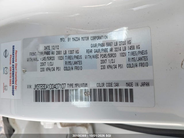 2013 Mazda Cx-9 Gt მანქანა იყიდება აუქციონზე, vin: JM3TB3DA1D0407107, აუქციონის ნომერი: 30100369