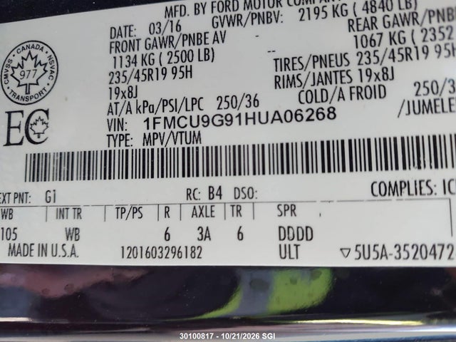 1FMCU9G91HUA06268 Ford ESCAPE SE